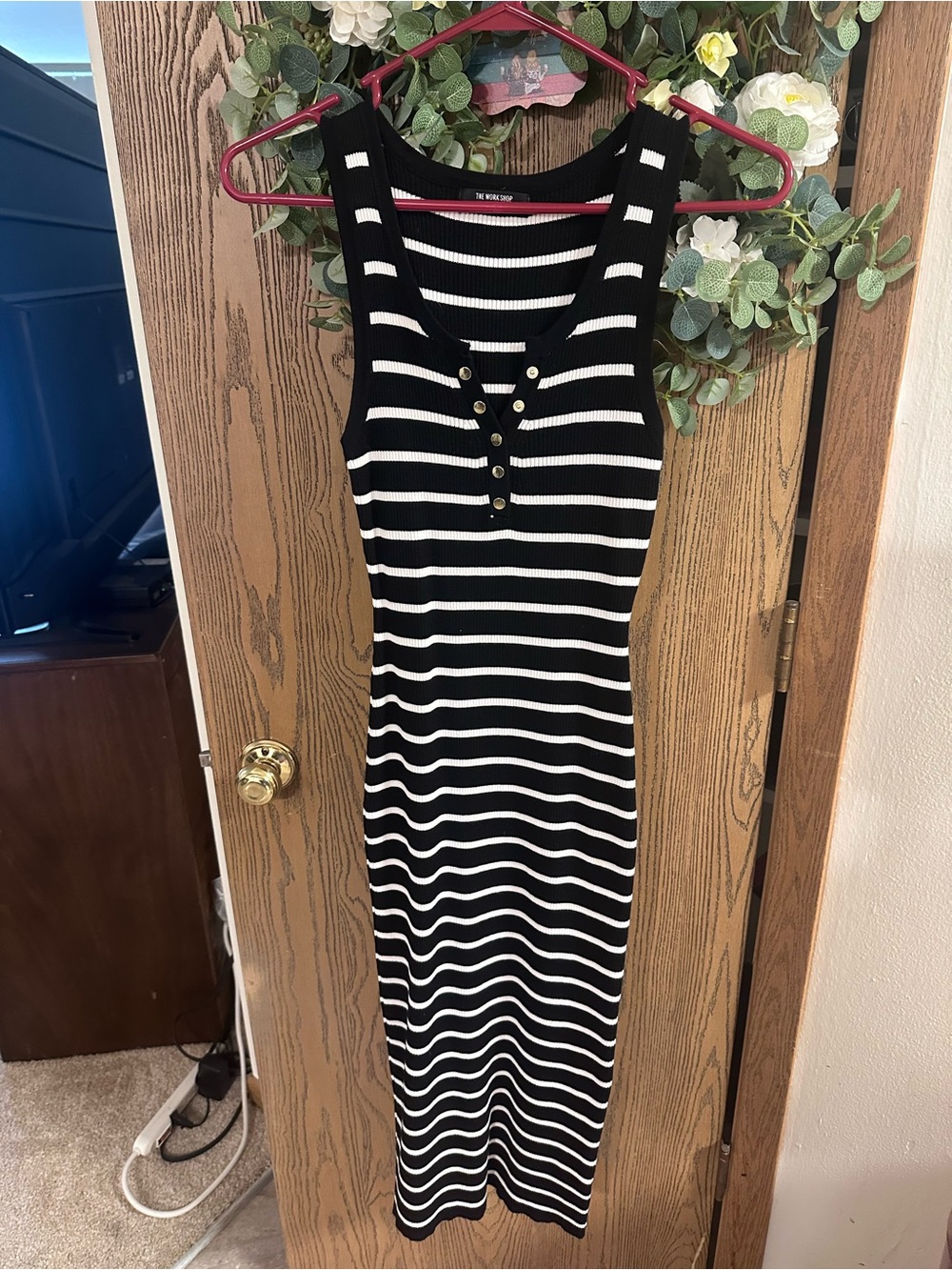 Striped Black and White Midi Tank Dress with Button Detail